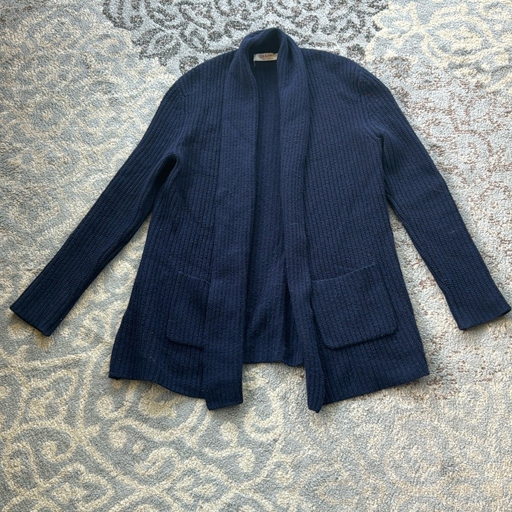 John Patrick Organic Merino Wool Knit Open Front Cardigan Navy XS